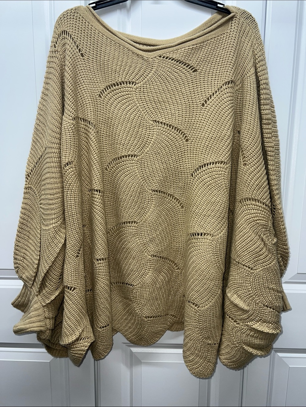 Tan Knit Oversized Poncho Sweater with Batwing Dolman Sleeves - OS